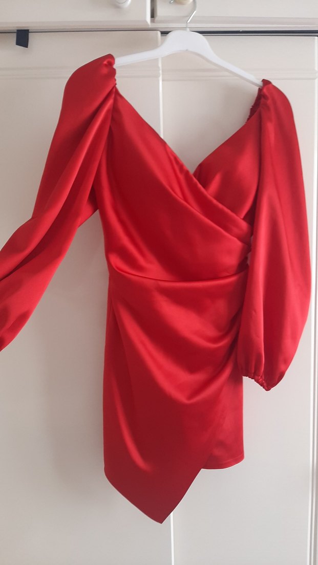 Drapeli Kırmızı V Yaka Midi Elbise - Görsel 2