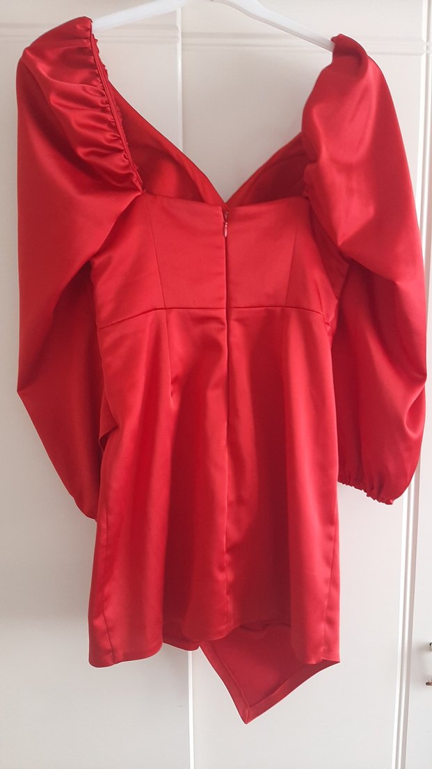 Drapeli Kırmızı V Yaka Midi Elbise - Görsel 3