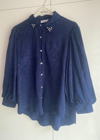 Mavi Süet Düğmeli Uzun Kollu Kadın Gömlek - Görsel 3