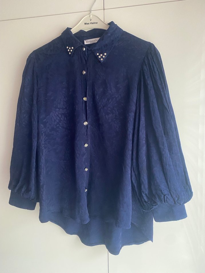 Mavi Süet Düğmeli Uzun Kollu Kadın Gömlek - Görsel 3