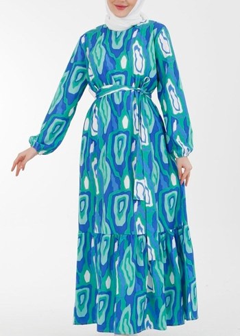 armine Turkuaz Renkli Bağcıklı Uzun Kadın Elbise - Görsel 2