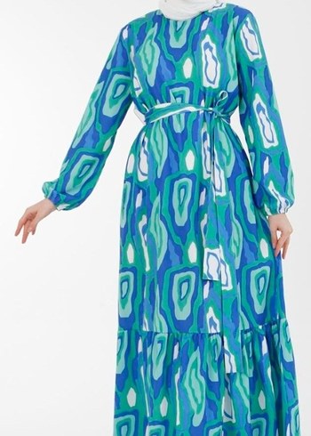 armine Turkuaz Renkli Bağcıklı Uzun Kadın Elbise - Görsel 3