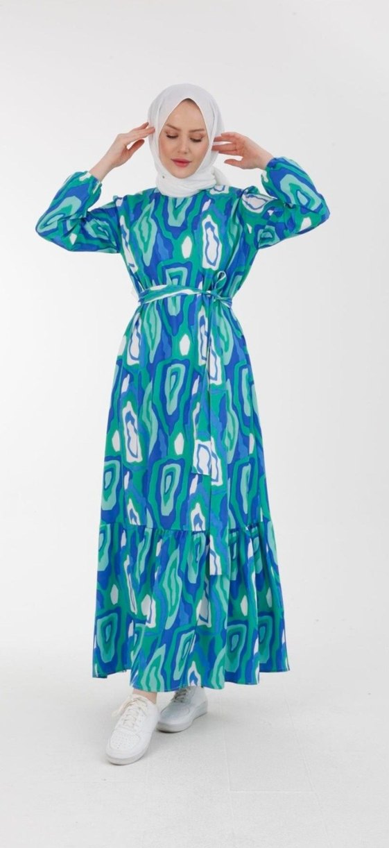 armine Turkuaz Renkli Bağcıklı Uzun Kadın Elbise - Görsel 4