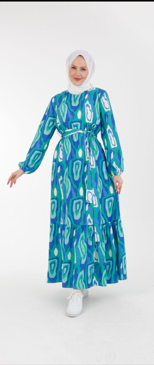 armine Turkuaz Renkli Bağcıklı Uzun Kadın Elbise - Görsel 2