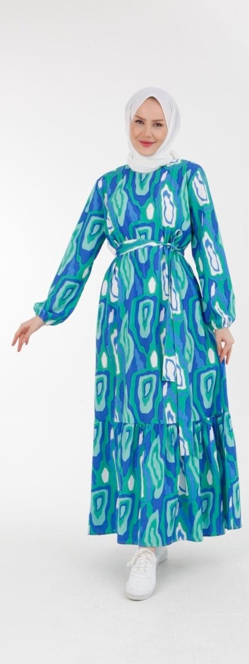 armine Turkuaz Renkli Bağcıklı Uzun Kadın Elbise - Görsel 3