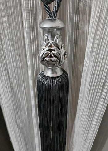 2 ADET Nakışlı Gri Perde ve Püskül - Görsel 2