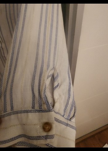 m Beden Bej Çizgili Keten Kadın Gömlek.