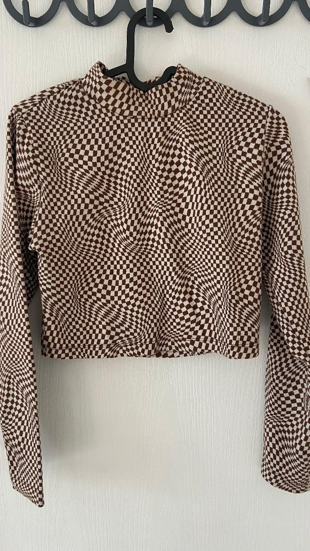 Kahverengi Kareli Balıkçı Yaka Triko Bluz - Görsel 2