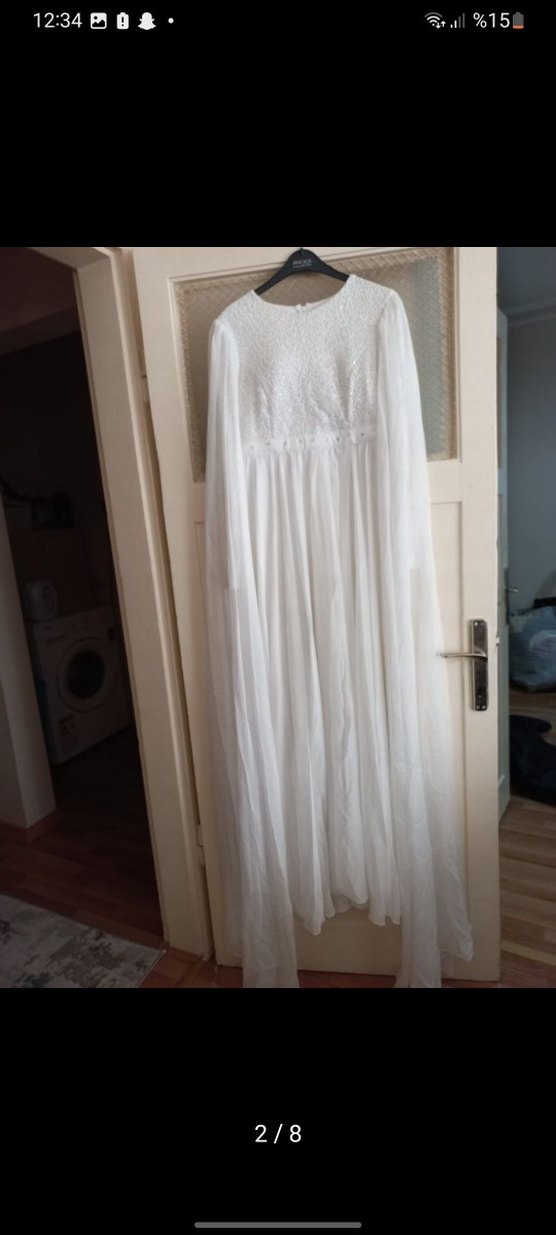 Bohem Uzun Kollu Beyaz A Kesim Gelinlik - Görsel 2