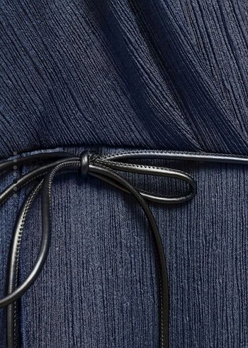 Lacivert Piliseli V Yaka Uzun Kadın Elbise - Görsel 4