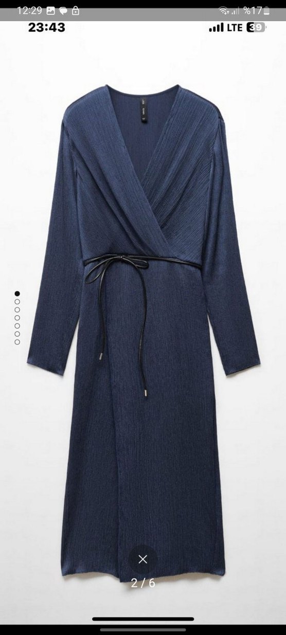 Lacivert Piliseli V Yaka Uzun Kadın Elbise - Görsel 2