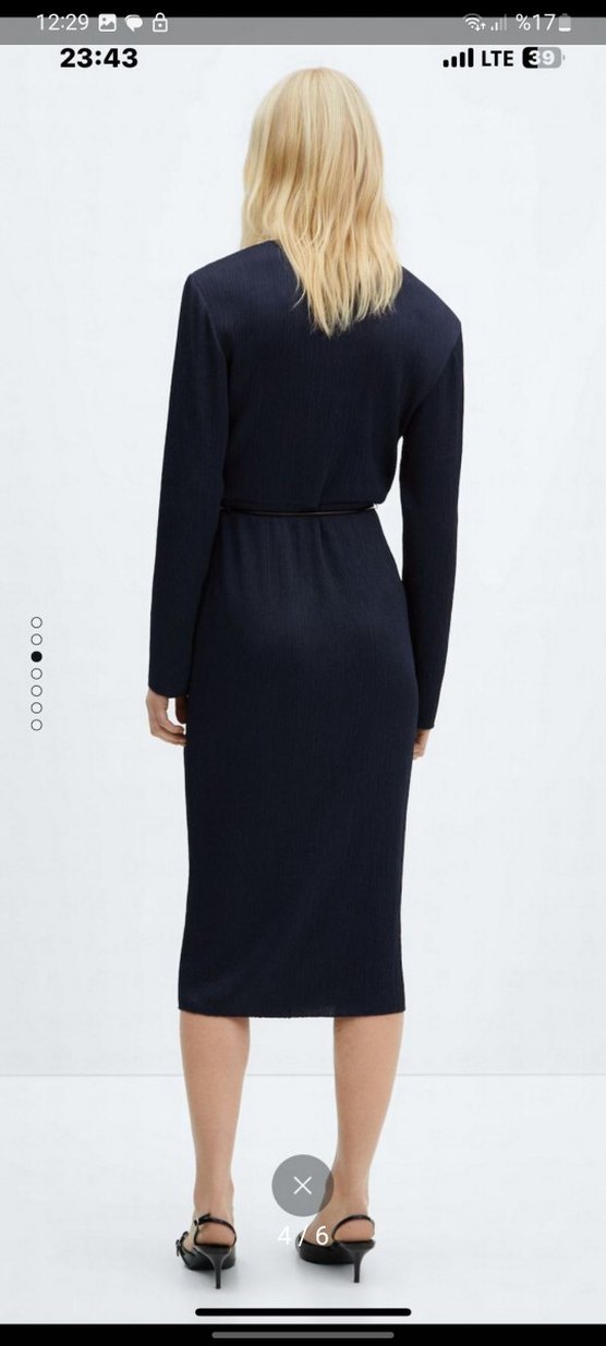 Lacivert Piliseli V Yaka Uzun Kadın Elbise - Görsel 5