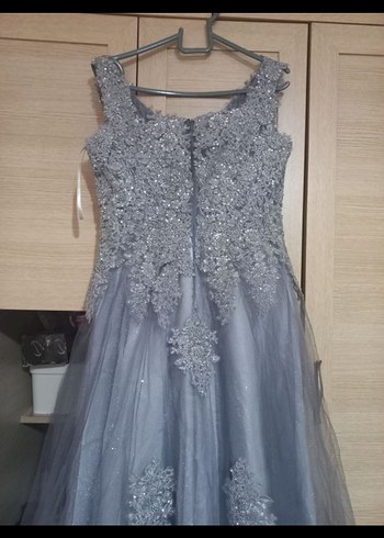 Gri Dantel İşlemeli Uzun Abiye Elbise - Görsel 7