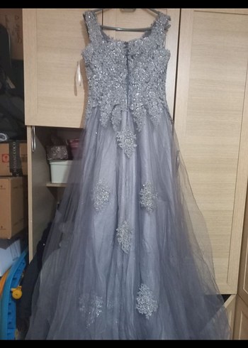 Gri Dantel İşlemeli Uzun Abiye Elbise - Görsel 6