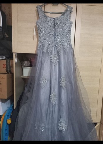 Gri Dantel İşlemeli Uzun Abiye Elbise - Görsel 5