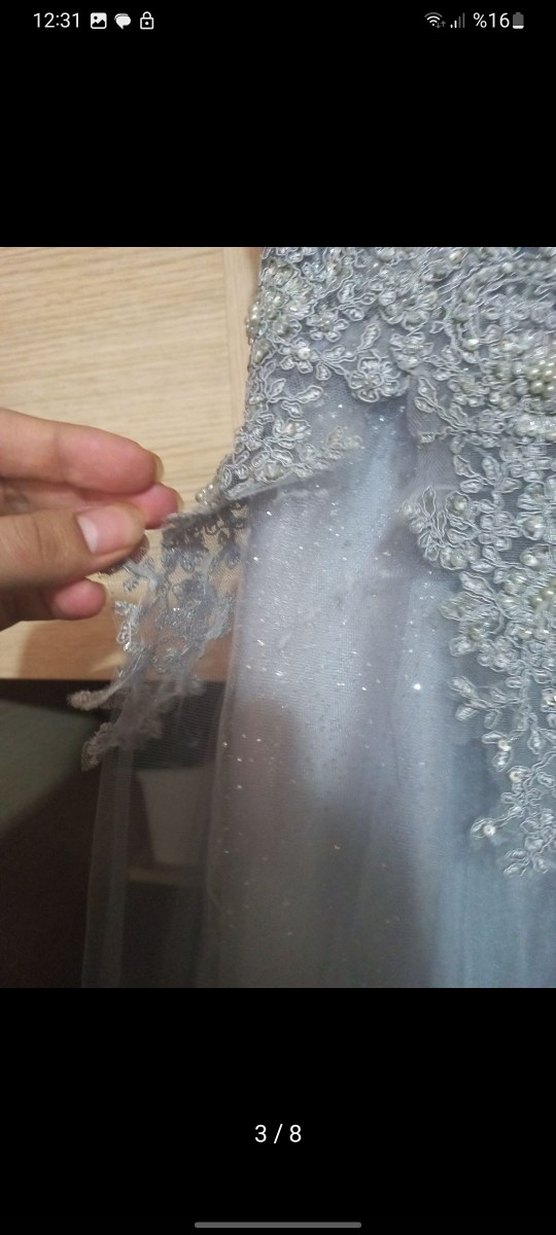 Gri Dantel İşlemeli Uzun Abiye Elbise - Görsel 3