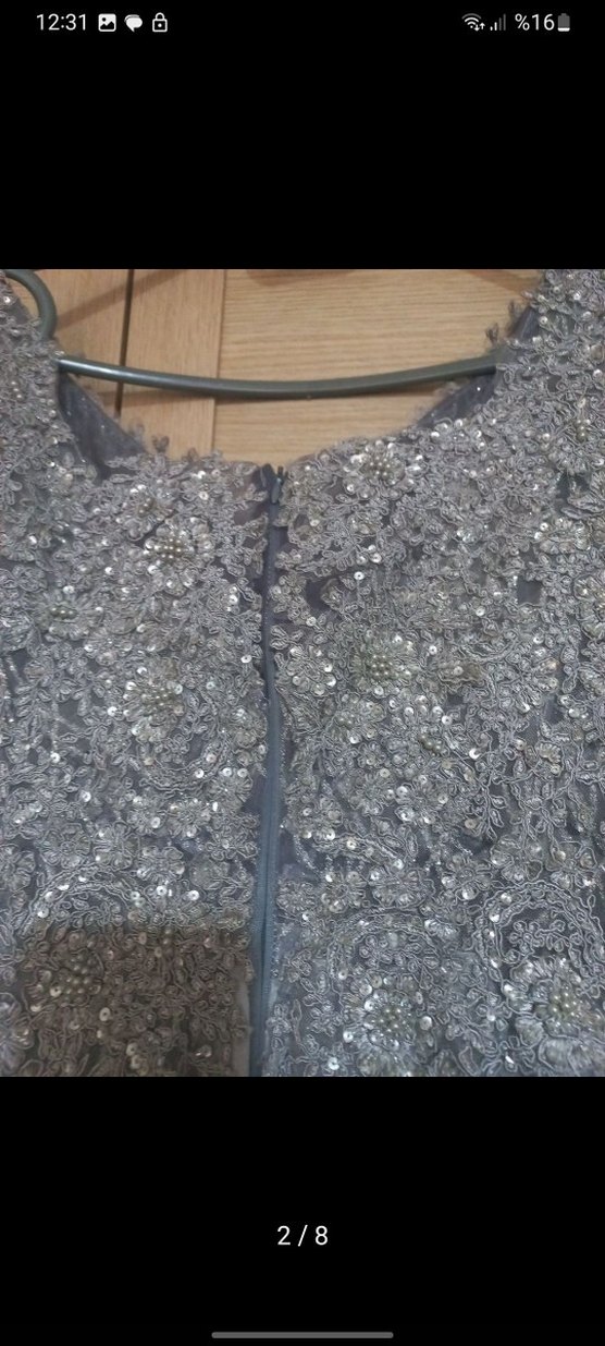 Gri Dantel İşlemeli Uzun Abiye Elbise - Görsel 2