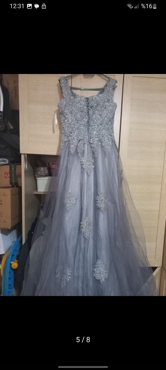 Gri Dantel İşlemeli Uzun Abiye Elbise - Görsel 5