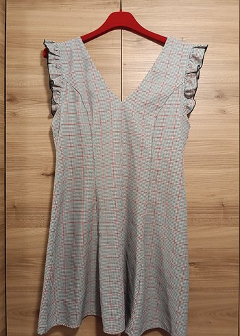 xl Beden Gri Kareli V Yakalı elbise