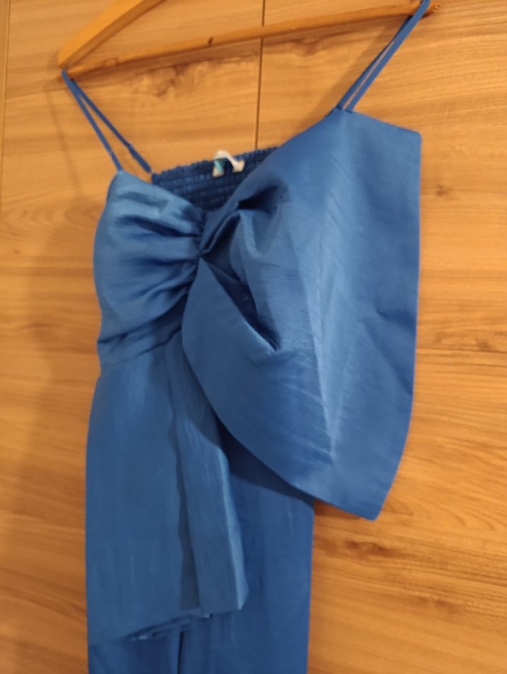 Mavi Uzun Drapeli Kadın Tulum - Görsel 2