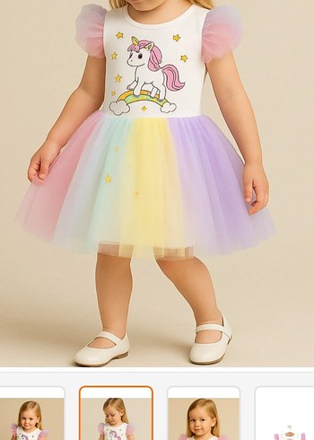 Unicorn Desenli Kız Çocuk Tül Elbise - Görsel 3