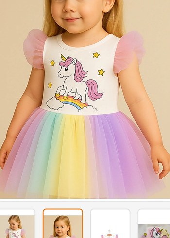 Unicorn Desenli Kız Çocuk Tül Elbise - Görsel 4
