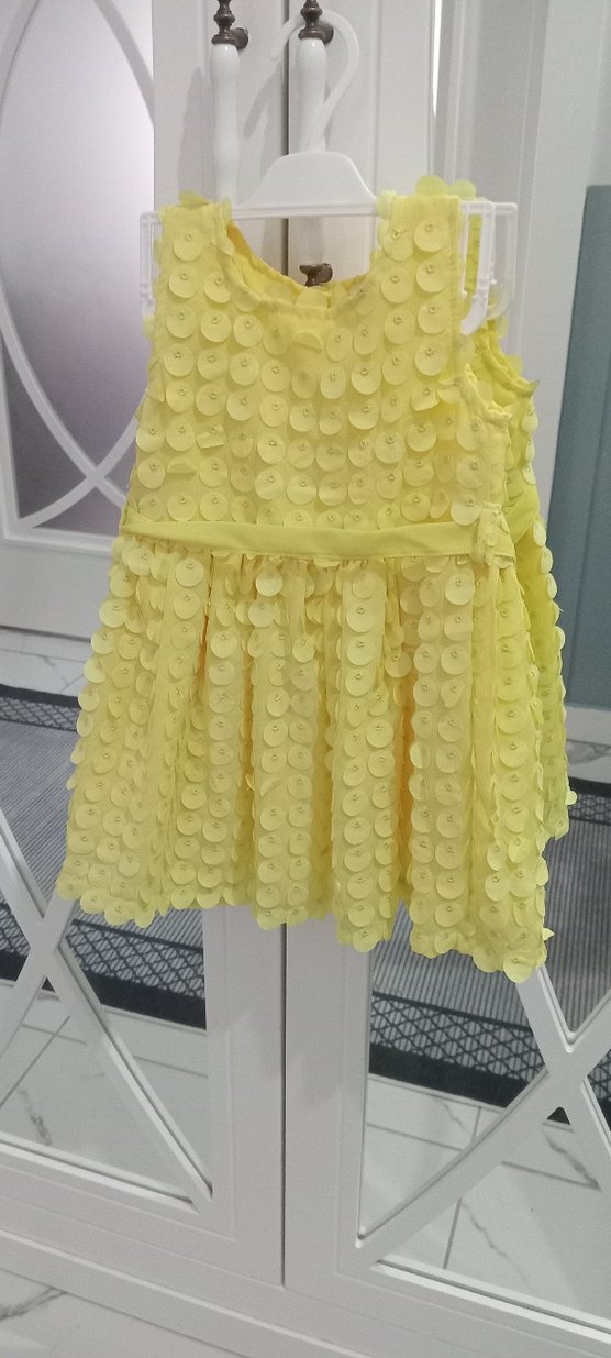 Kız Çocuk Sarı Fırfırlı Nakışlı Elbise - Görsel 3