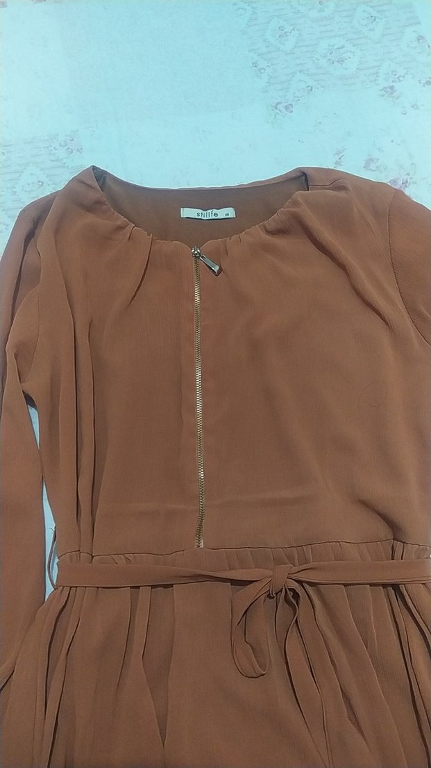 Bej Kadın Uzun Kollu Salaş Elbise - Görsel 4