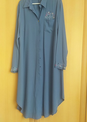 Nakışlı Mavi Uzun Denim Kadın Tunik