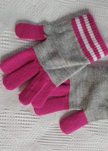 Kız Çocuk Gri-Pembe Örgü Eldiven - Görsel 2