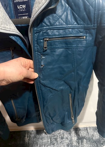 Mavi Deri Biker Ceket Kapüşonlu - Görsel 4