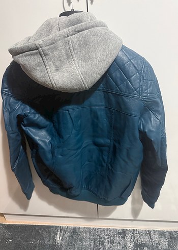 Mavi Deri Biker Ceket Kapüşonlu - Görsel 5