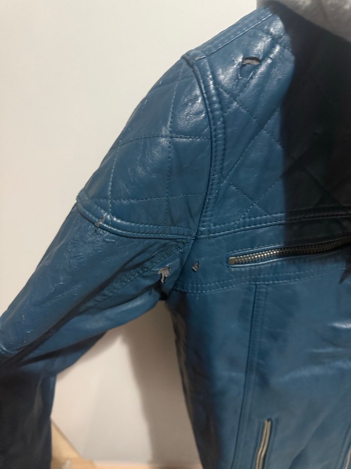 Mavi Deri Biker Ceket Kapüşonlu - Görsel 3