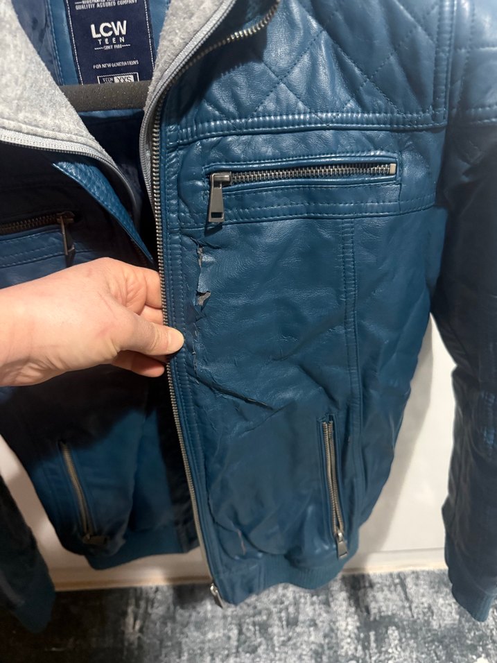 Mavi Deri Biker Ceket Kapüşonlu - Görsel 4