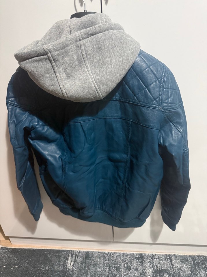 Mavi Deri Biker Ceket Kapüşonlu - Görsel 5