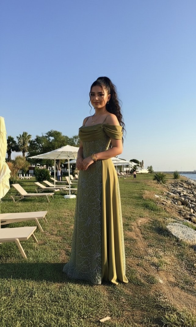 Drapeli Straplez Haki Uzun Bohem Elbise - Görsel 2