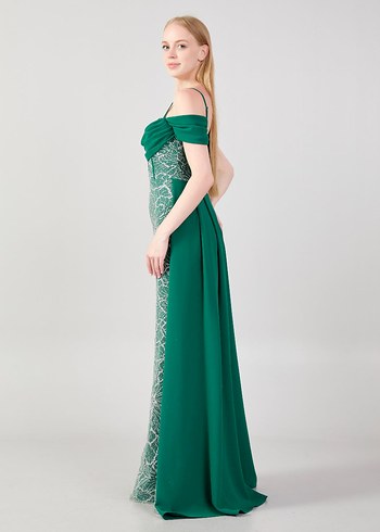 Yeşil İşlemeli Uzun Abiye Elbise - Görsel 3