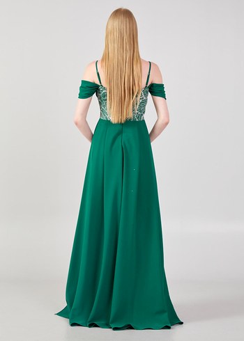Yeşil İşlemeli Uzun Abiye Elbise - Görsel 2