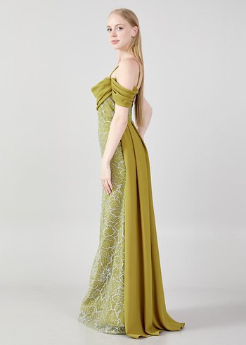 Nakışlı, Uzun, Kayık Yaka Kadın Abiye Elbise - Görsel 4