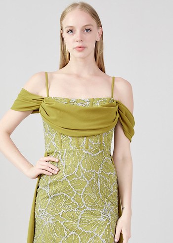 Nakışlı, Uzun, Kayık Yaka Kadın Abiye Elbise - Görsel 5