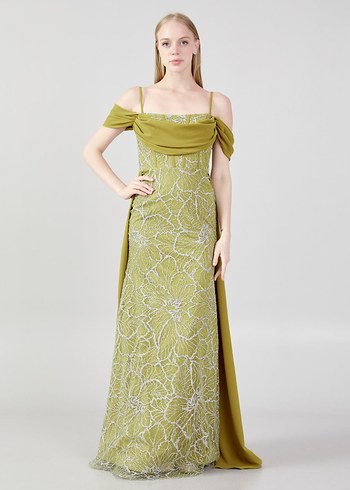 Nakışlı, Uzun, Kayık Yaka Kadın Abiye Elbise - Görsel 2