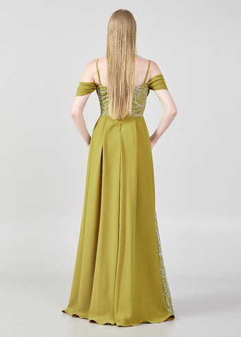 Nakışlı, Uzun, Kayık Yaka Kadın Abiye Elbise - Görsel 3