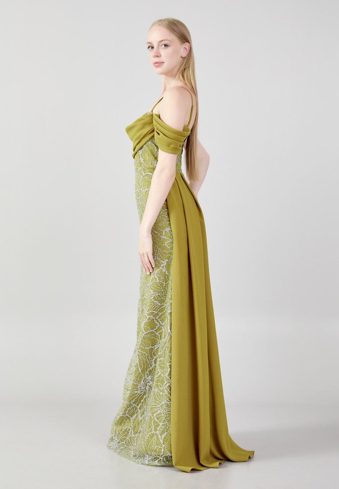 Nakışlı, Uzun, Kayık Yaka Kadın Abiye Elbise - Görsel 4