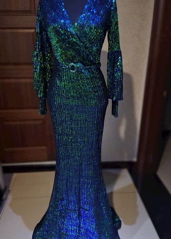 Uzun Kol Drapeli Renkli V Yaka Elbise - Görsel 6