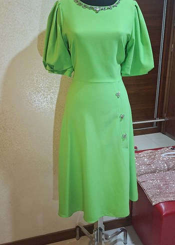 Düğmeli Yeşil Kadın Uzun Elbise - Görsel 2