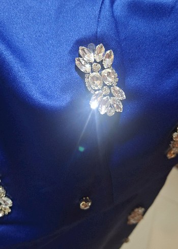 Uzun Kollu Boncuk İşlemeli Mavi Abiye Elbise - Görsel 5