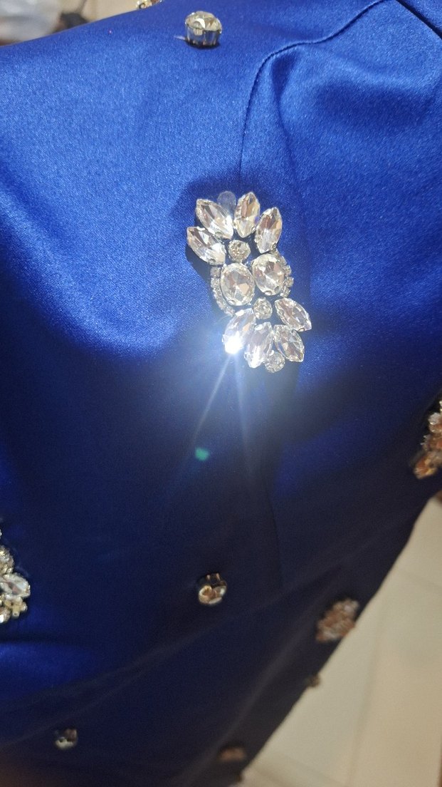 Uzun Kollu Boncuk İşlemeli Mavi Abiye Elbise - Görsel 5