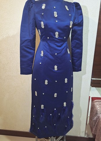 Mavi İşlemeli Boncuklu Uzun Abiye Elbise - Görsel 3