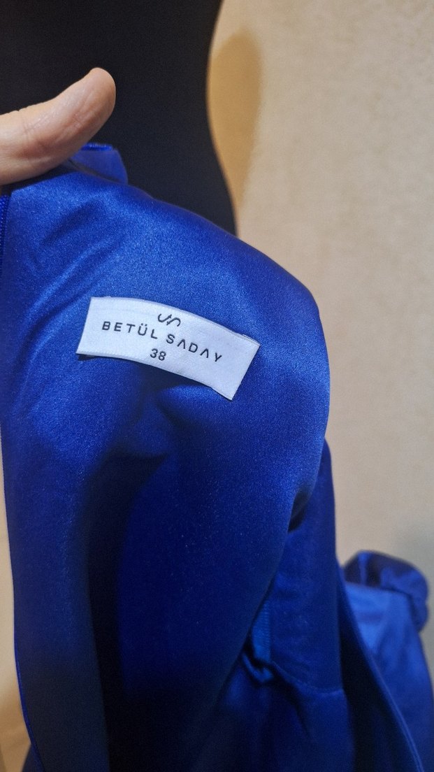 Mavi İşlemeli Boncuklu Uzun Abiye Elbise - Görsel 4