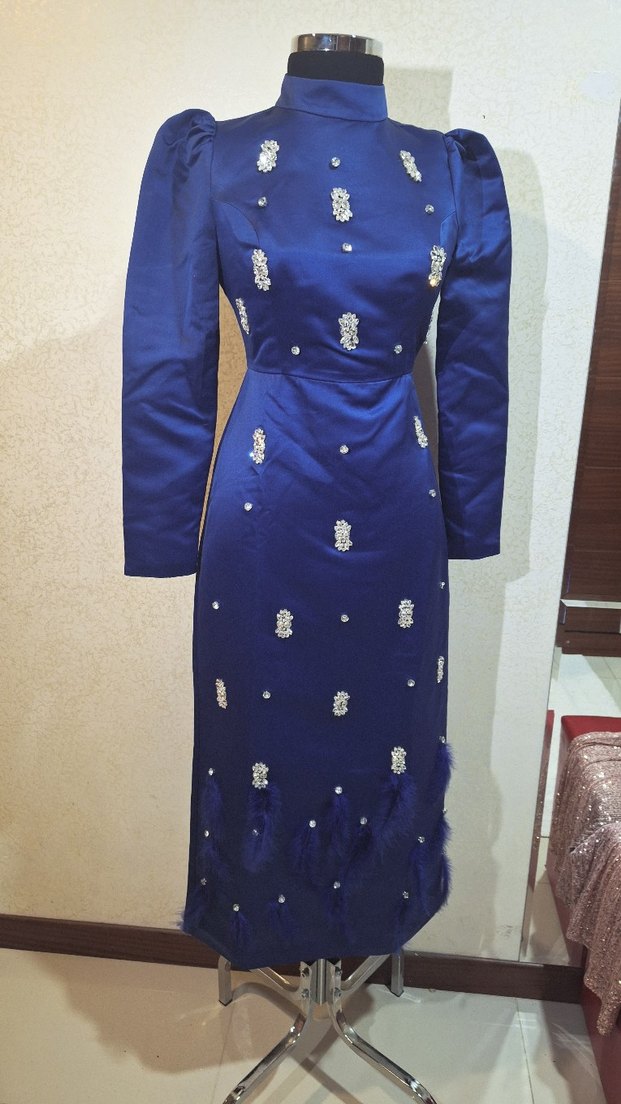 Mavi İşlemeli Boncuklu Uzun Abiye Elbise - Görsel 3